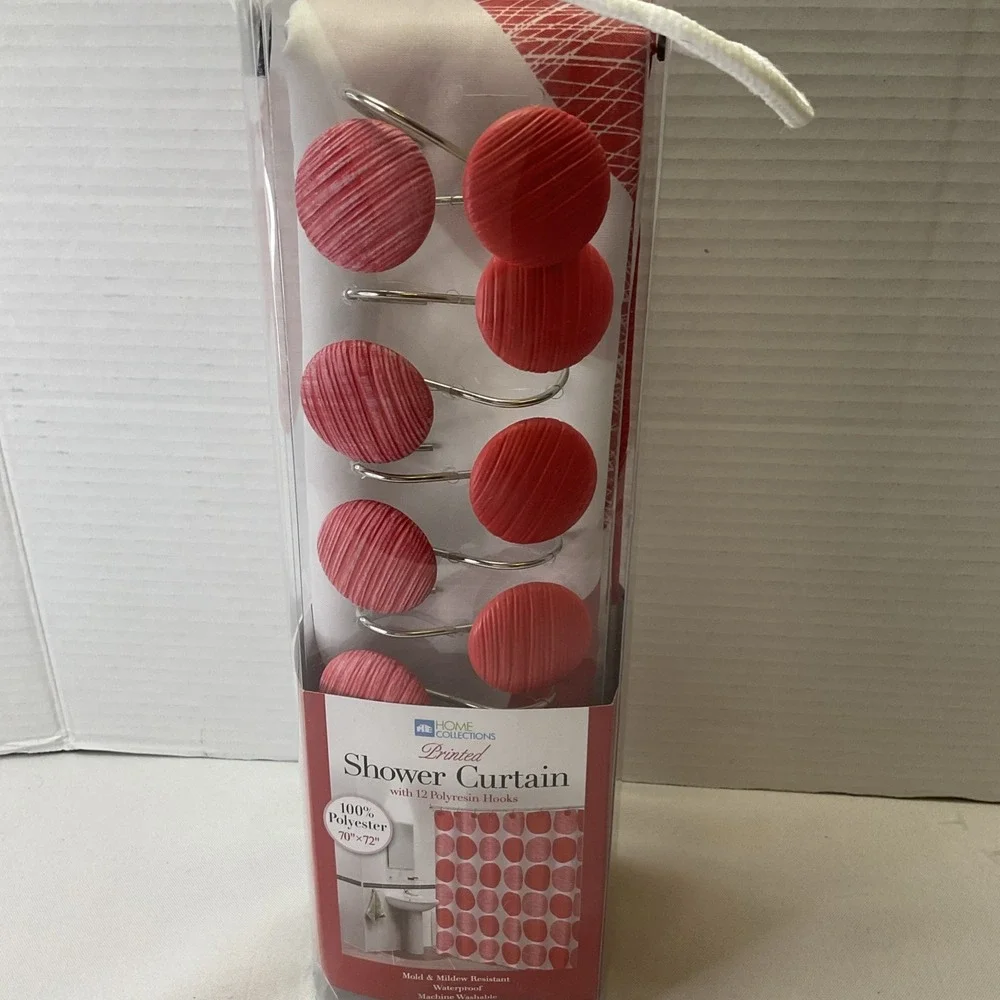 Red And White Polka Dots Shower Curtain‎ With 12pc Red Dot Hooks